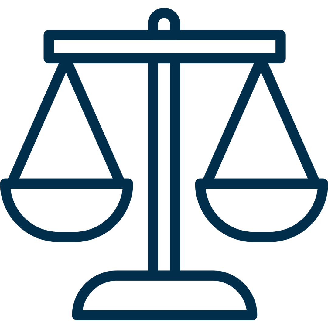 Icon of balanced scales symbolizing justice and fairness, featuring two hanging bowls on either side of a central post.