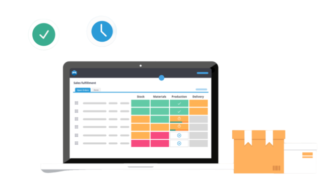 A laptop displays a sales fulfillment dashboard with stock, materials, production, and delivery status, alongside a box and shipping label.