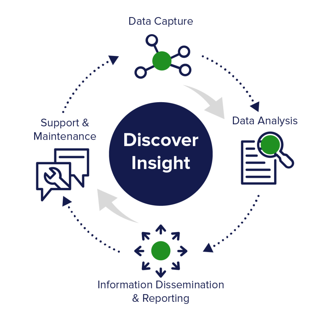 Circular flowchart illustrating data analysis process, with four stages around a central "Discover Insight" hub