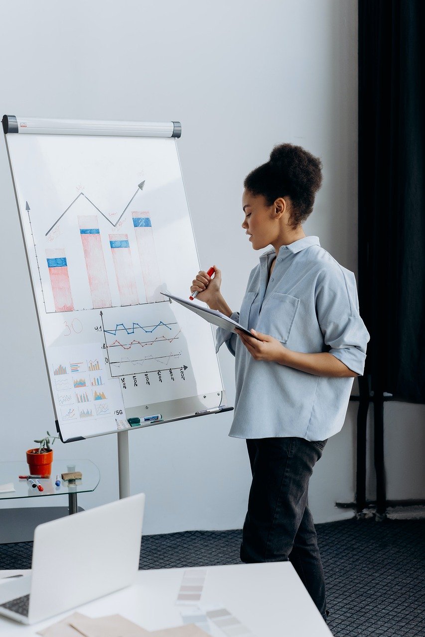 A woman stands next to a presentation board with graphs, holding a marker and clipboard.