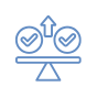 Icon depicting a balanced scale with checkmarks on one side and circles on the other, symbolizing assessment and decision-making.
