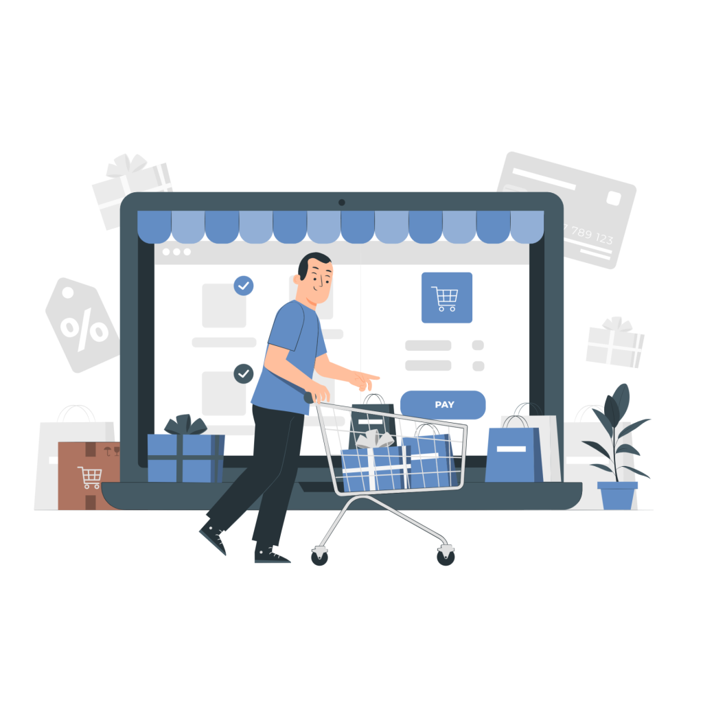 A man pushes a cart with shopping bags past a large laptop screen showing an online store.